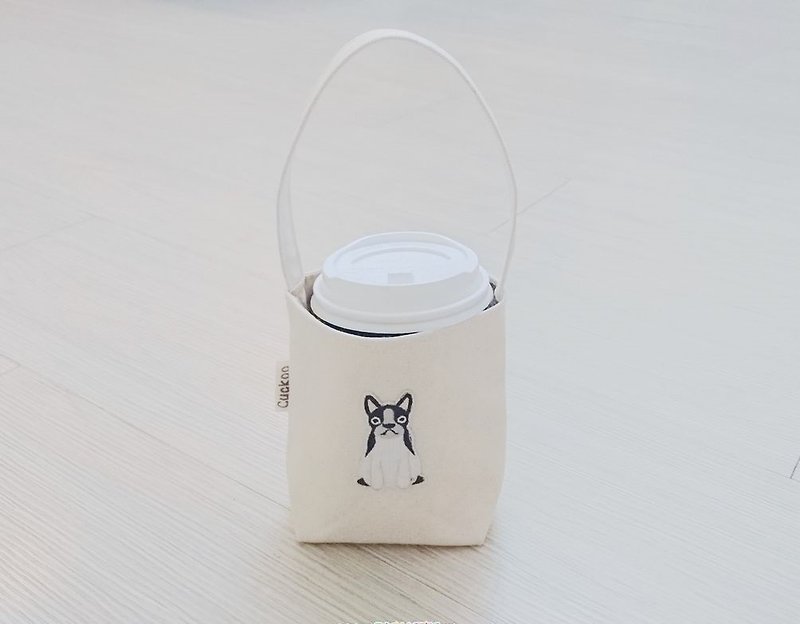 Eco-friendly storage bag beverage coffee tote bag embroidered dog style - ถุงใส่กระติกนำ้ - ผ้าฝ้าย/ผ้าลินิน 