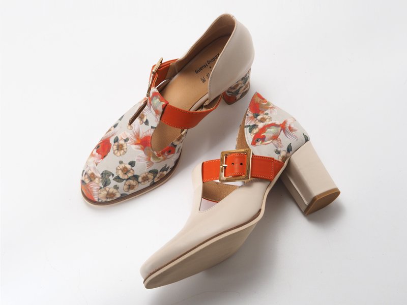 【Limited time limit 10/25-12/31】Little Goldfish and Camellia x Love Flower Mary Jane hb - High Heels - Genuine Leather White