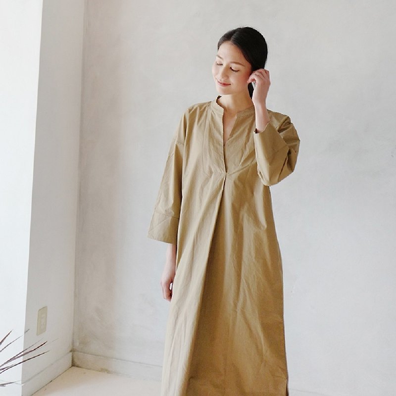 KOOW Ong Ong Simple and Nice V-Neck Robe Japanese Style Washed Cotton Brown Long Dress - One Piece Dresses - Cotton & Hemp 