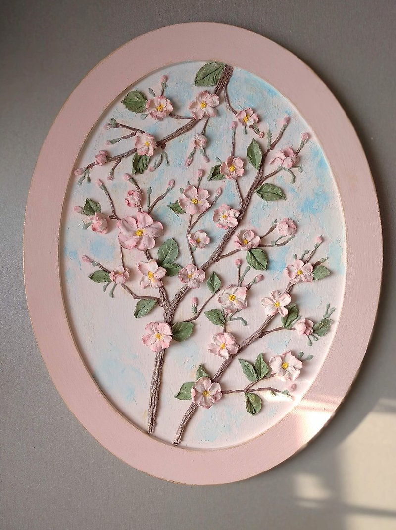 用樱花绘画 Sakura painting Blossom cherry Painting with sakura Floral painting Gift - 壁貼/牆壁裝飾 - 木頭 粉紅色