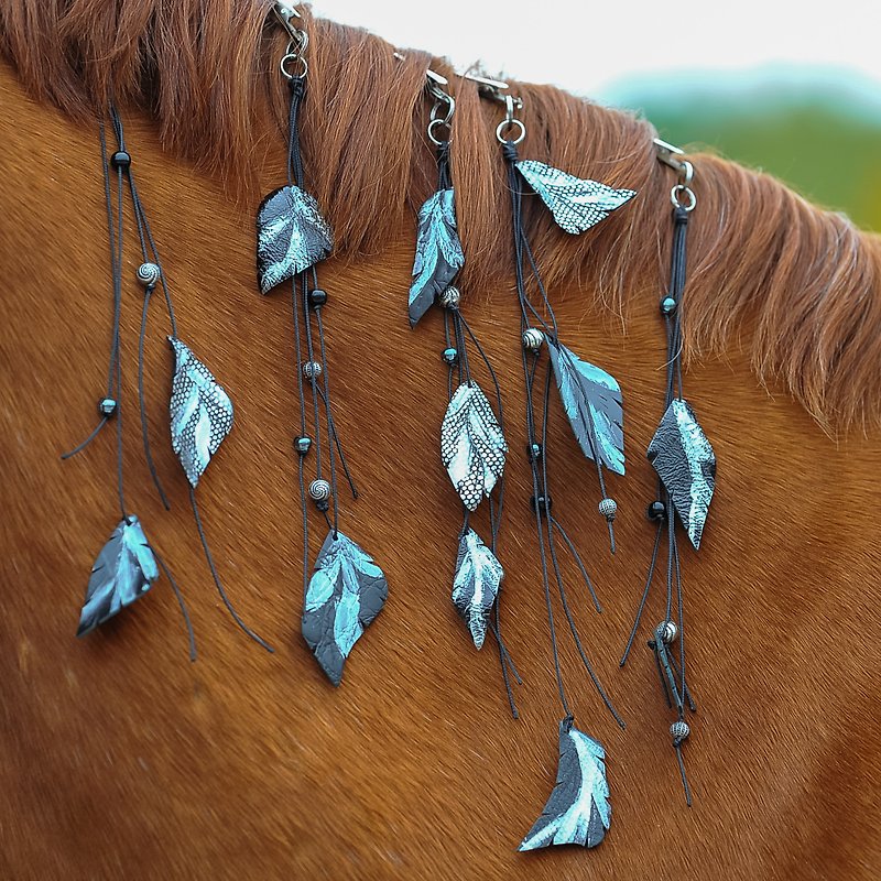 Genuine Leather Other Silver - Silver black horse mane extension jewelry Handmade pony mane and tail clips