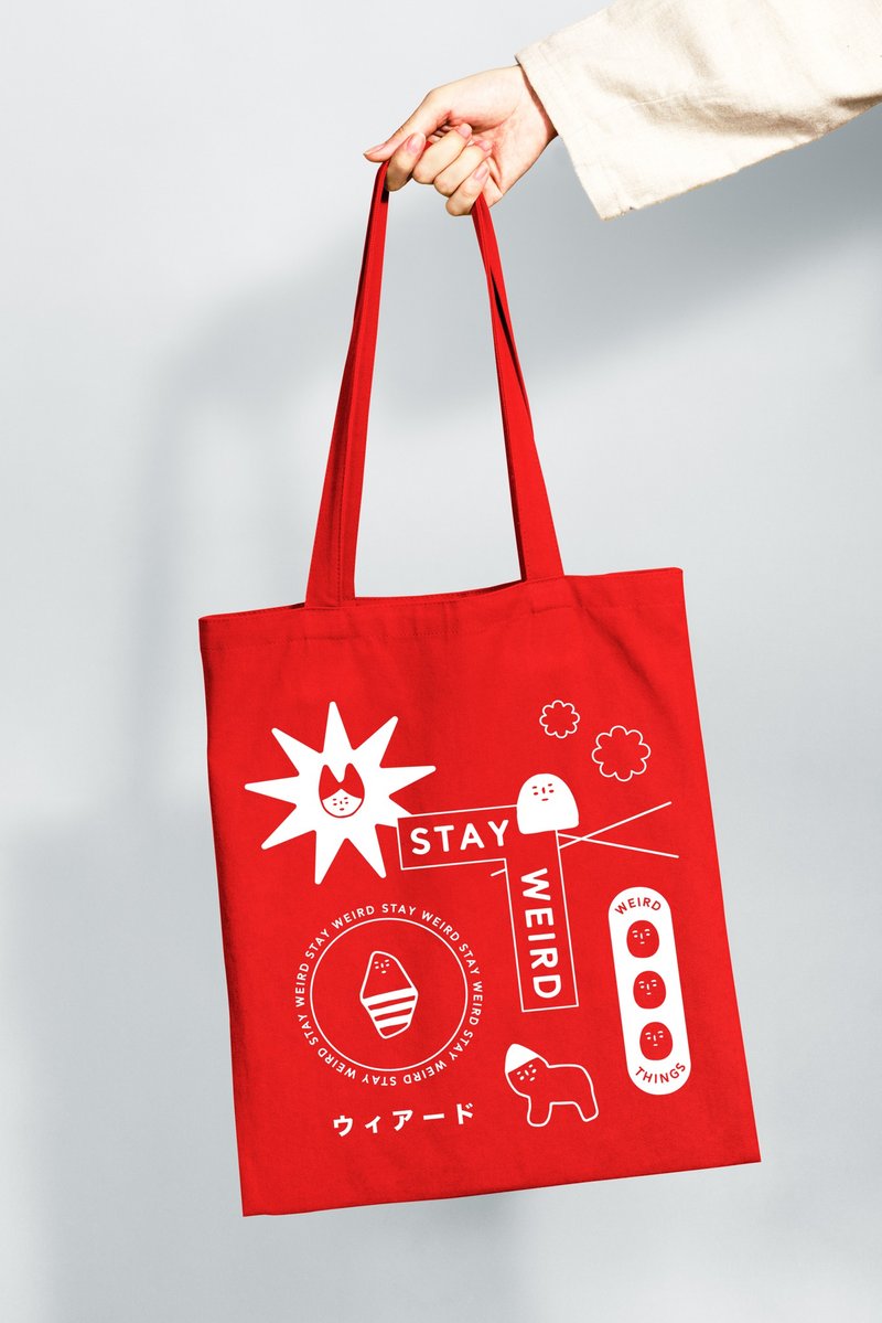 WEIRD TOTE BAG 002 red screen printing - Handbags & Totes - Cotton & Hemp Red
