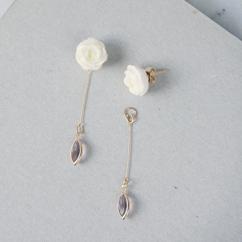 =Flower Piping= Two Way Drop Earrings/ Clip on  Customizable - Earrings & Clip-ons - Clay White