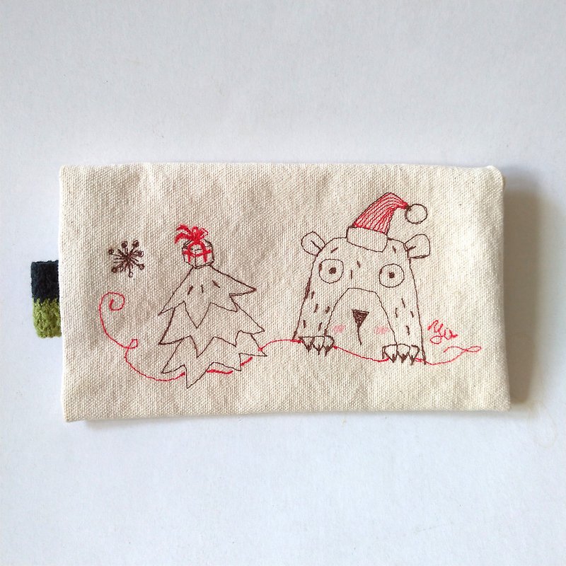 耶誕款---呆呆熊折口手拿包、筆袋、收納包 - 化妝包/收納袋 - 棉．麻 白色