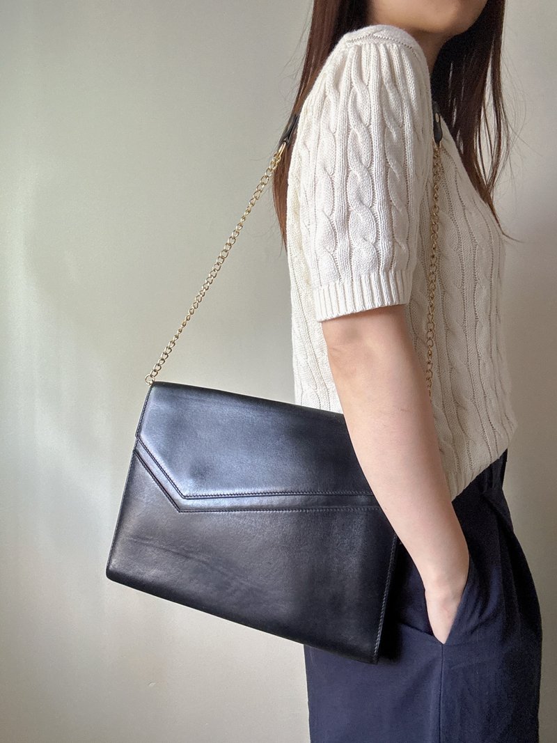 Second-hand brand Delvaux Belgian-made envelope clutch iPad leather case side backpack - กระเป๋าคลัทช์ - หนังแท้ สีดำ