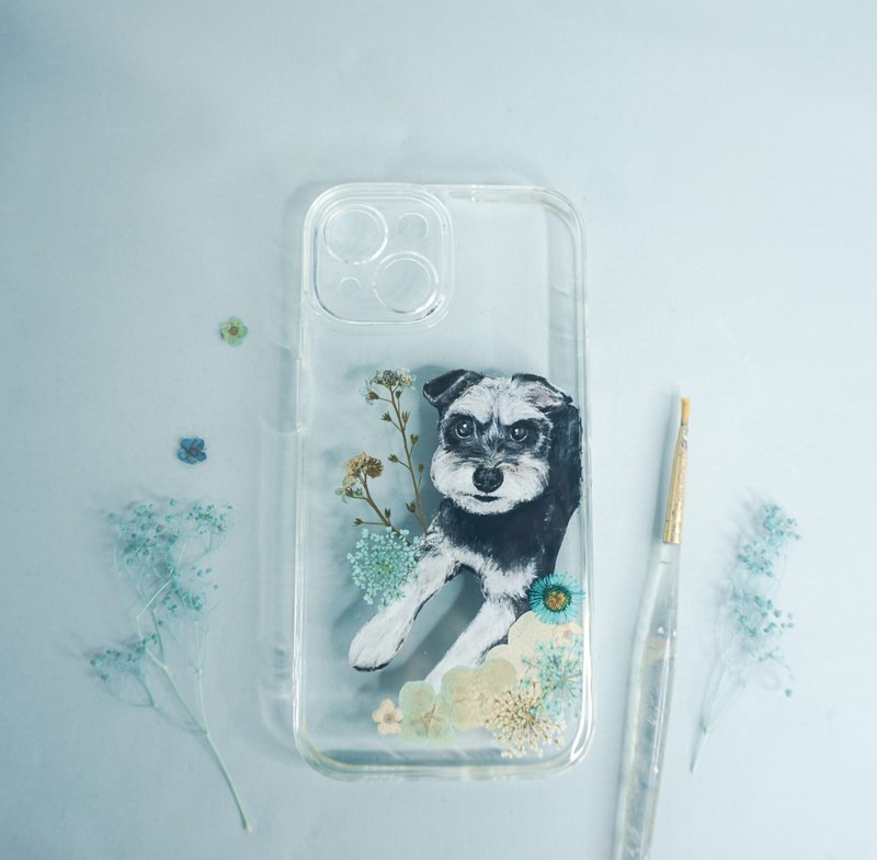 Tailor-made Hand-drawn Pet Pressed Flower Phone Case | Miniature Schnauzer / Dog - เคส/ซองมือถือ - พืช/ดอกไม้ สีน้ำเงิน