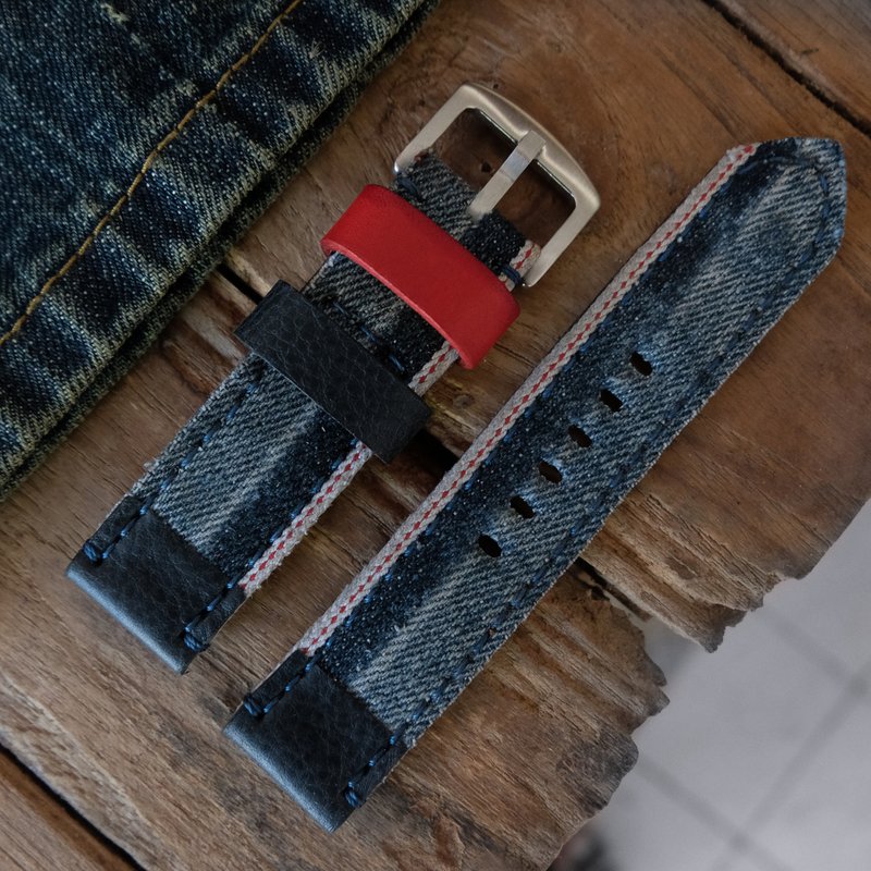 Denim red selvage watch strap, red edge, faded denim fabric, 18mm 20mm 22mm 24mm - 錶帶 - 真皮 藍色
