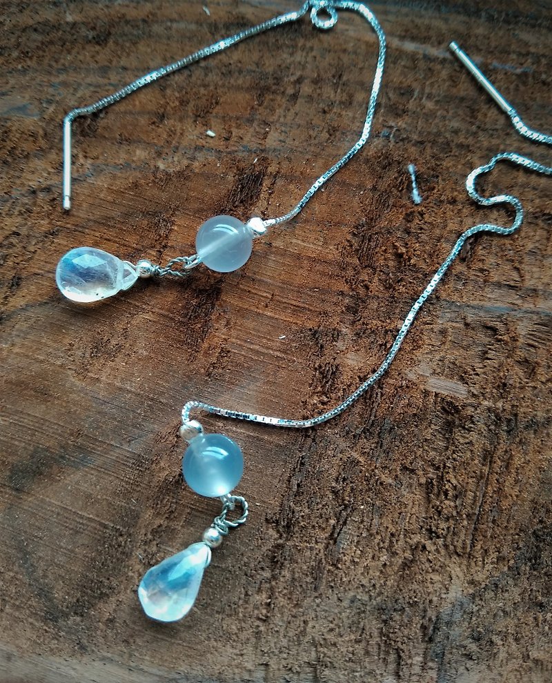 925 silver earring with 7/8mm Moonstone and chalcedony - Earrings & Clip-ons - Gemstone Blue