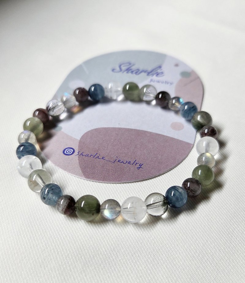 綠髮晶  高光拉長石 綠幽靈  藍兔毛 紫紅極光 白幽靈 水晶手鍊 - 手鍊/手環 - 寶石 綠色