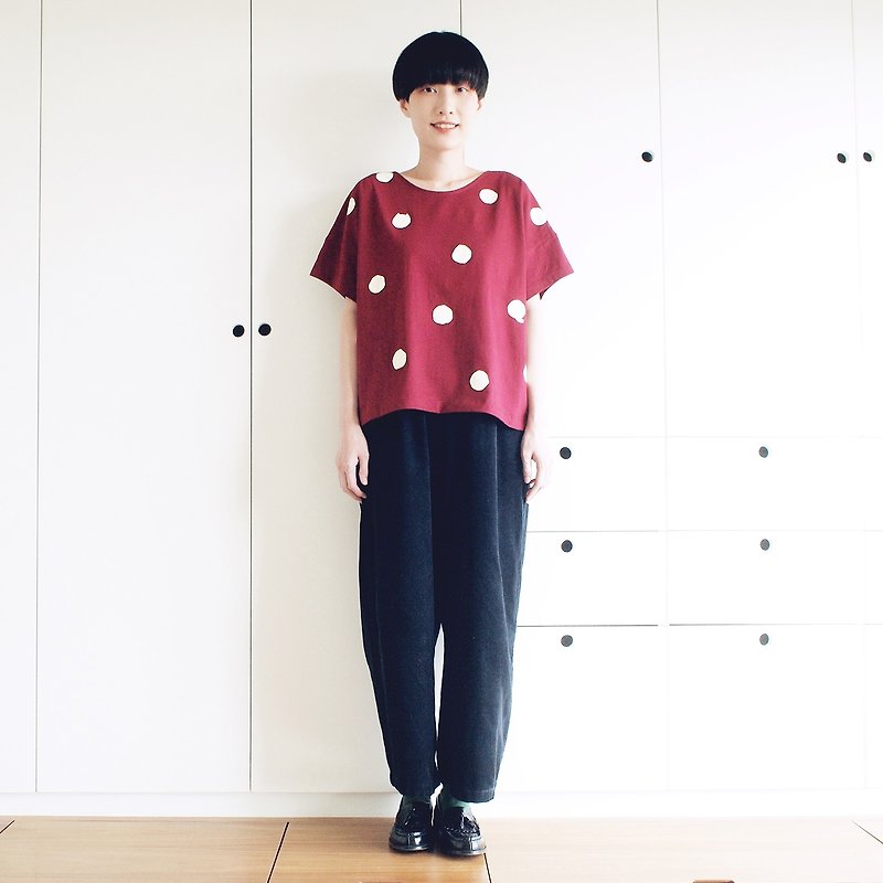 polka dot cat crop t-shirt : red - 女 T 恤 - 棉．麻 紅色