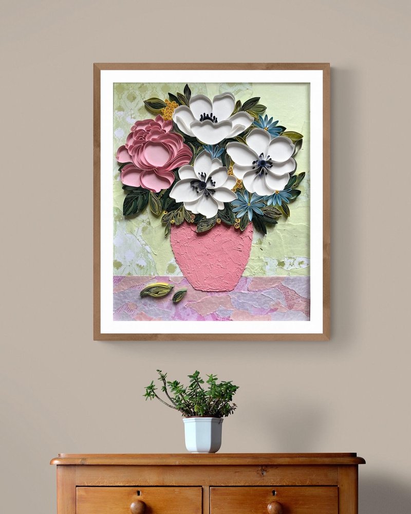 Paper painting Bouquet with Anemons | Quilling Art - Wall Décor - Paper White