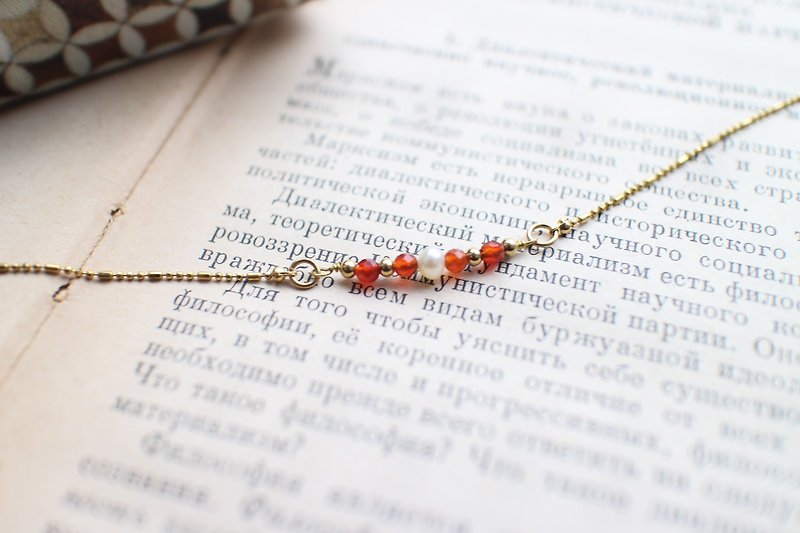 Red agate/pearl/brass handmade bracelet - Bracelets - Other Metals Red