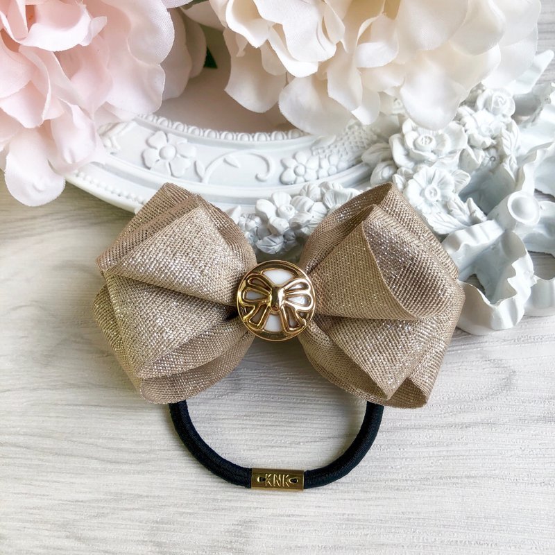 Silver Herringbone Ribbon Bow/ Khaki - เครื่องประดับผม - วัสดุอื่นๆ สีกากี