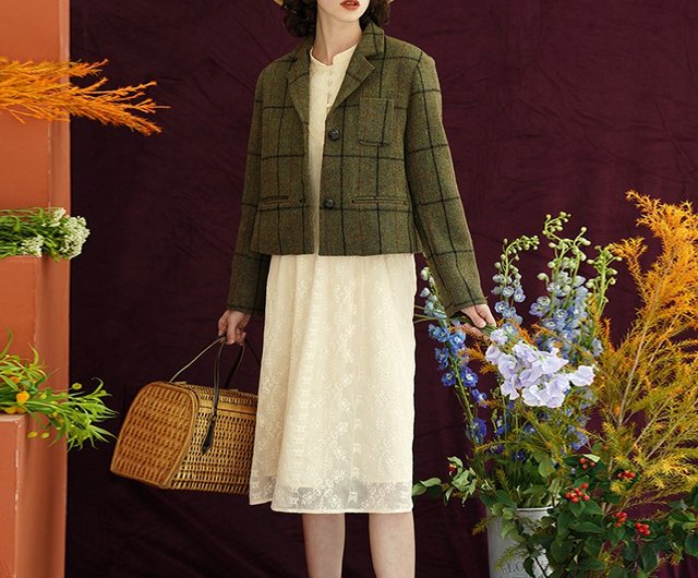 Mintcheese French Vintage deep Moss Green Plaid Wool short suit