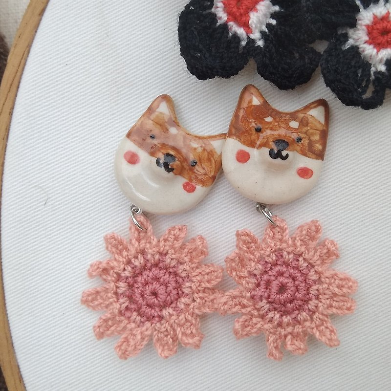 Chiba in a field of pink flowers. - Earrings & Clip-ons - Pottery Pink