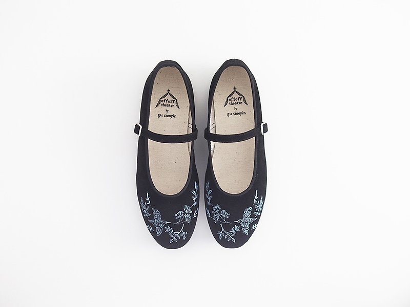 Illustration embroidery shoes (bird X leaf / black) - Mary Jane Shoes & Ballet Shoes - Other Materials Multicolor