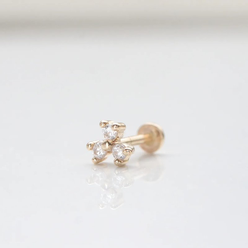14K 三葉鑽鎖珠耳環 (前鎖 平底 圓餅) _ MNT240 (單個) - 耳環/耳夾/耳骨夾 - 貴金屬 金色