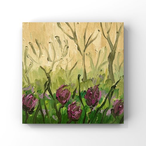 チューリップの絵画 春の庭 油絵 春の花 アート 春の風景