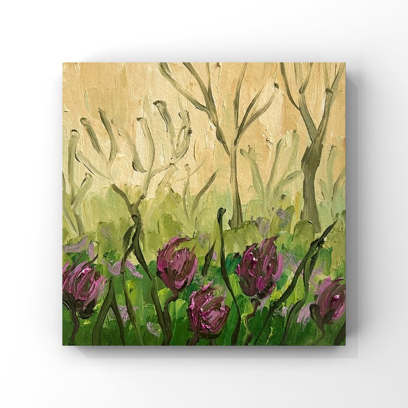 Tulips Painting Spring Garden Oil Painting Spring Flowers Art Spring Landscape - 海報/掛畫/掛布 - 其他材質 紫色