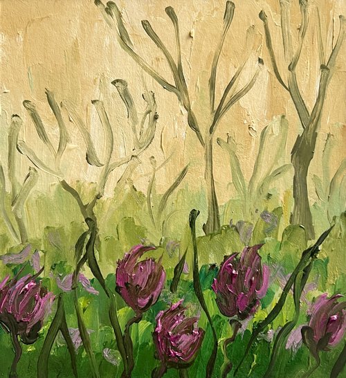 チューリップ＊油絵　絵画　油彩画　春　花　風景画 チューリップの絵画 春の庭 油絵 春の花 アート 春の風景 - ショップ