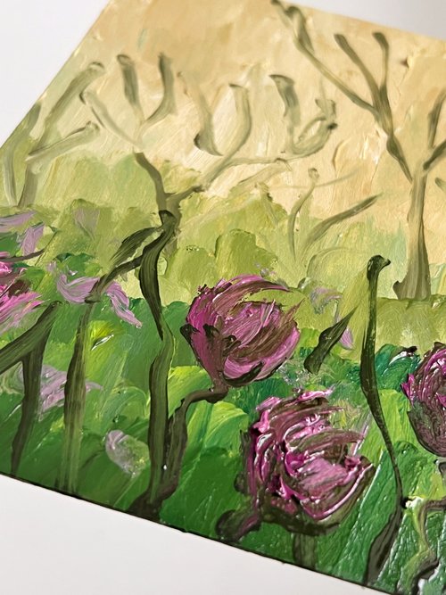 チューリップの絵画 春の庭 油絵 春の花 アート 春の風景 - ショップ