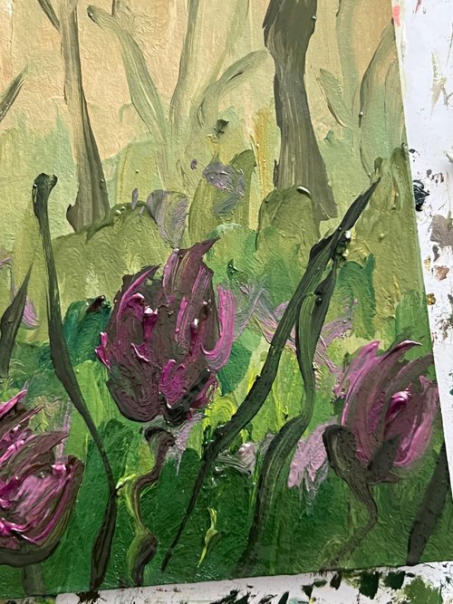 チューリップの絵画 春の庭 油絵 春の花 アート 春の風景