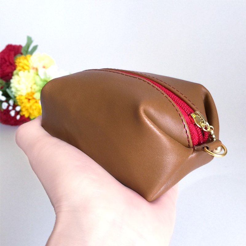 Leather Pouch with Japanese Traditional Pattern, Kimono (Small) - Toiletry Bags & Pouches - Genuine Leather Brown