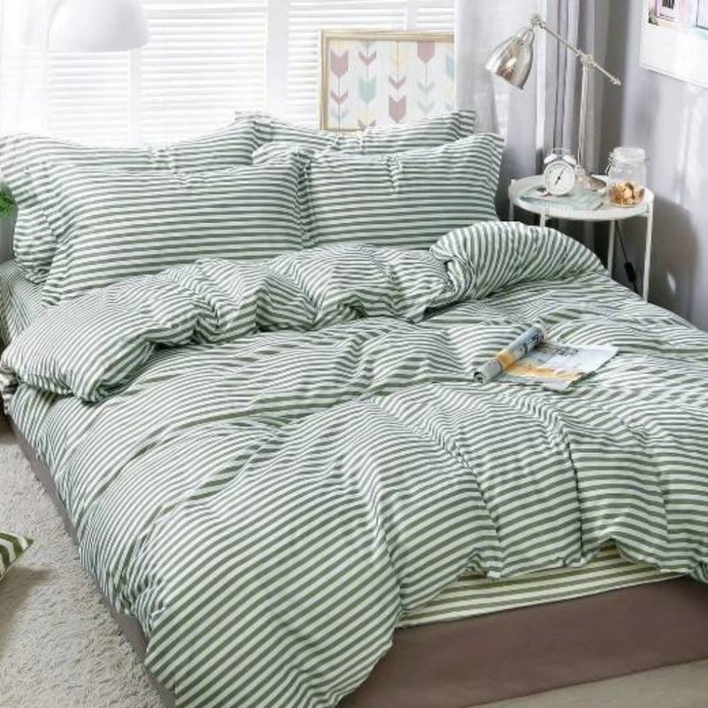 森の緑の光ストライプ 台湾製 柔らかな肌触りのコットン シングル/ダブル/クイーン 薄型フィットシーツ・掛け布団カバーセット - 寝具 - その他の素材 