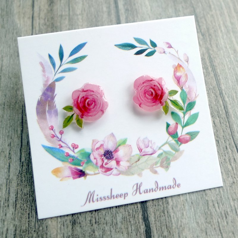 U09-rose watercolor hand-painted style rose hand made earrings (ears/ear clips) - Earrings & Clip-ons - Plastic 