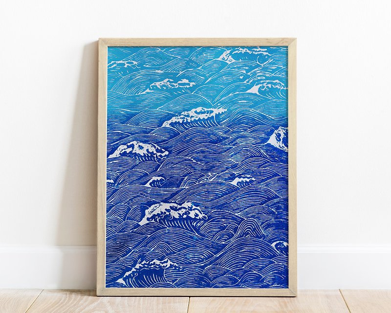 Blue wave art Nautical wall decor Original artwork linocut print Japanese style - โปสเตอร์ - กระดาษ สีน้ำเงิน