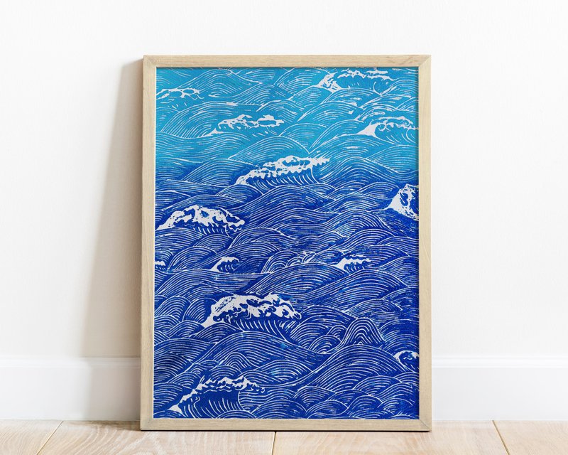 Blue wave art Nautical wall decor Original artwork linocut print Japanese style - 海報/掛畫/掛布 - 紙 藍色