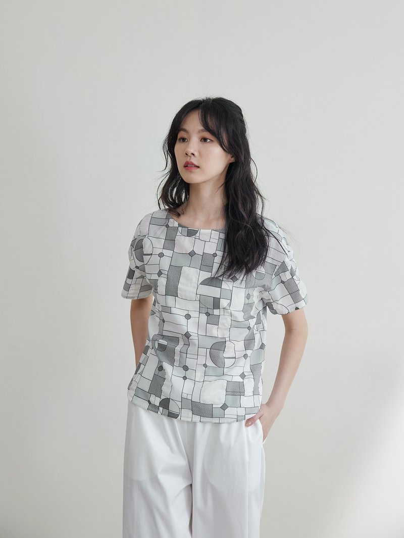幾何夢境的秘密上衣-middle - 女上衣/長袖上衣 - 棉．麻 灰色