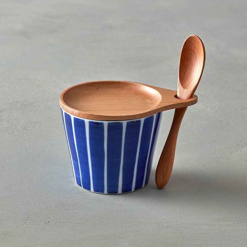 Ishimaru Hasamiyaki-Snack Cup and Plate Set-With Spoon (3 Pieces)-Japanese Style Blue Line - ถ้วย - เครื่องลายคราม ขาว