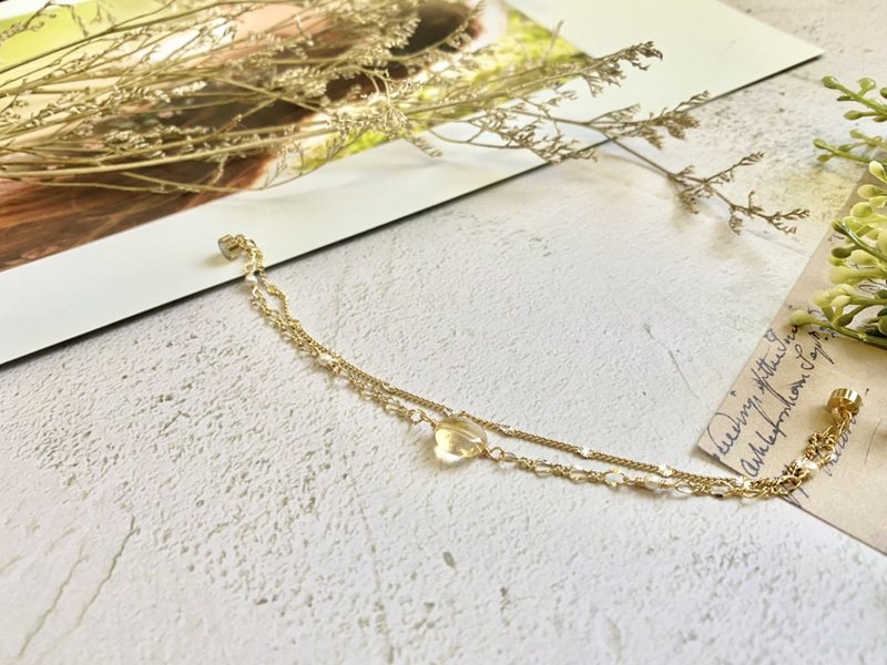黃晶和棉花珍珠的雙鍊手鍊 磁扣手鍊 天然石手鍊 天然石飾品 黃晶 - 手鍊/手環 - 其他金屬 金色