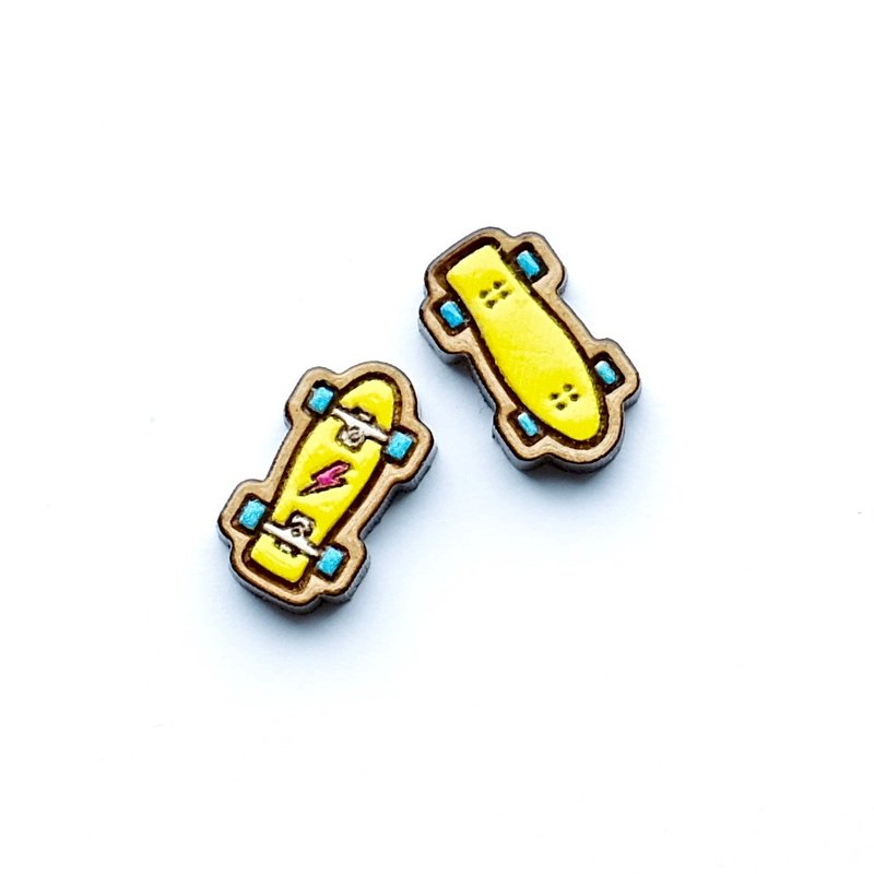 Painted wood earrings-Skateboard(yellow) - ต่างหู - ไม้ สีเหลือง