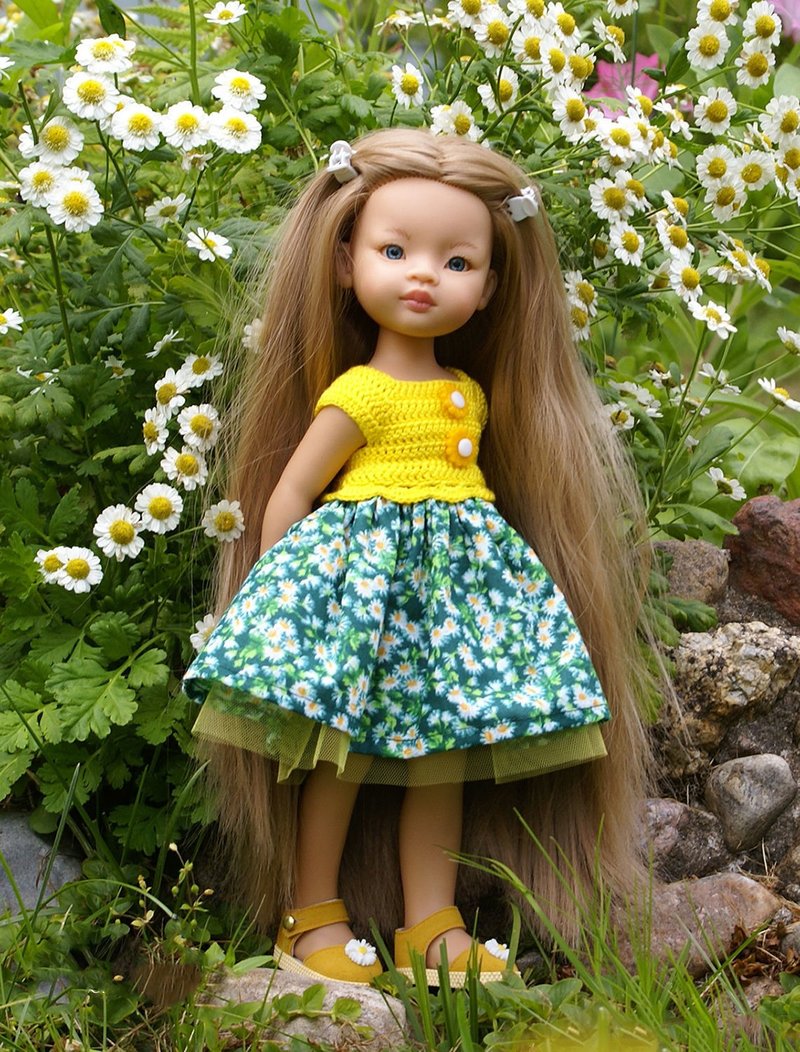 Paola Reina dress, green with yellow summer dress for Las Amigas 32 cm 13in doll - Stuffed Dolls & Figurines - Cotton & Hemp Green