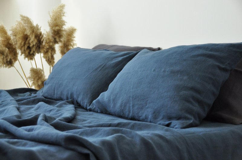 Charcoal teal linen sheet set / Flat+fitted sheet+2 pillowcases / Blue bedding - 寢具/床包 - 亞麻 藍色