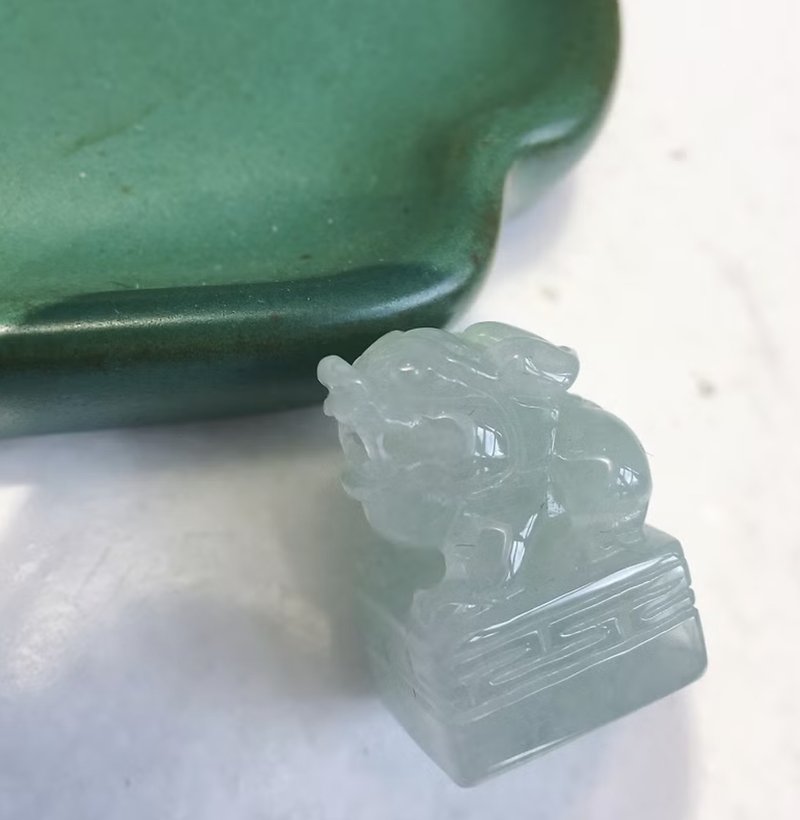 開運印章【招財神獸】冰種翡翠貔貅印章 | 天然緬甸玉A貨翡翠 - 印章/印台 - 玉石 透明