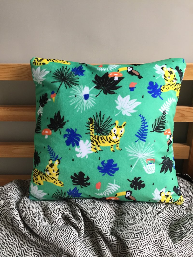 Tropical Rainforest Tiger and Toucan Fluff Pillowcase - with Pillow - Pillows & Cushions - Polyester Green