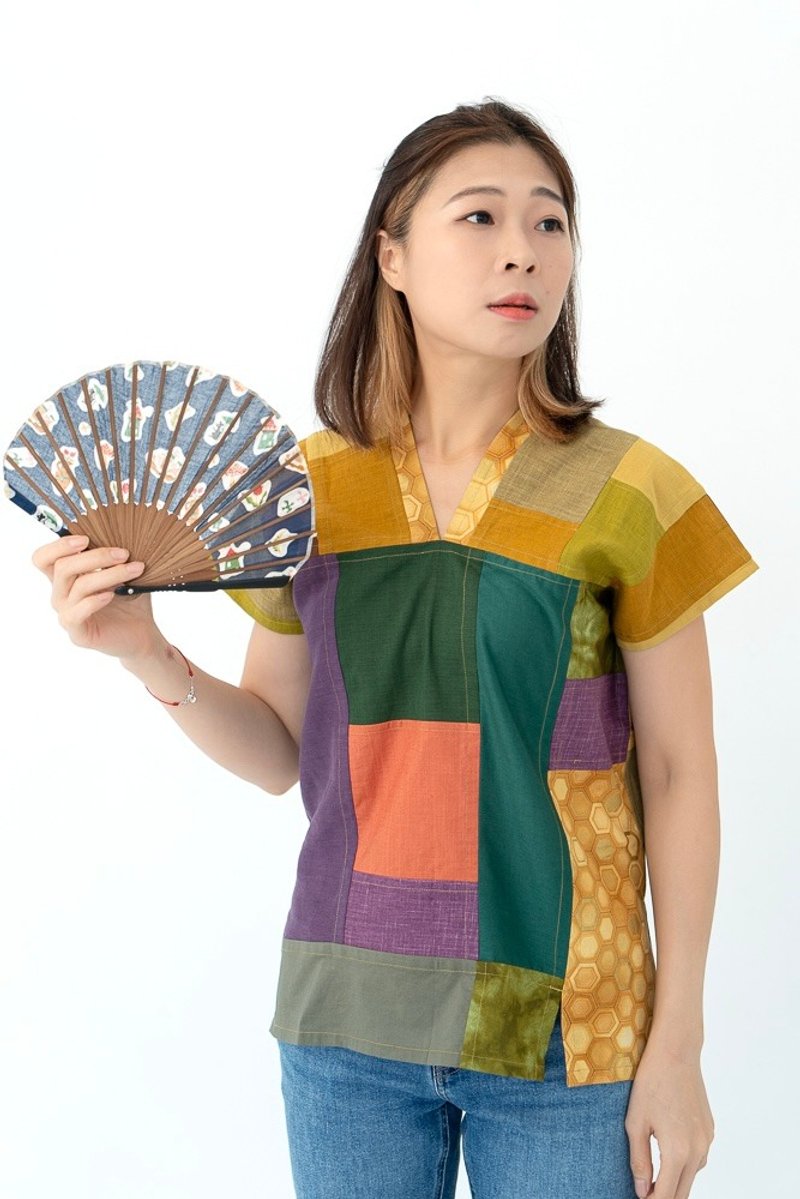 獨一無二純棉百衲拼接色塊不對稱豐盛橘黃色系水田衣四角衣四方衣 - 背心/無袖上衣 - 棉．麻 多色