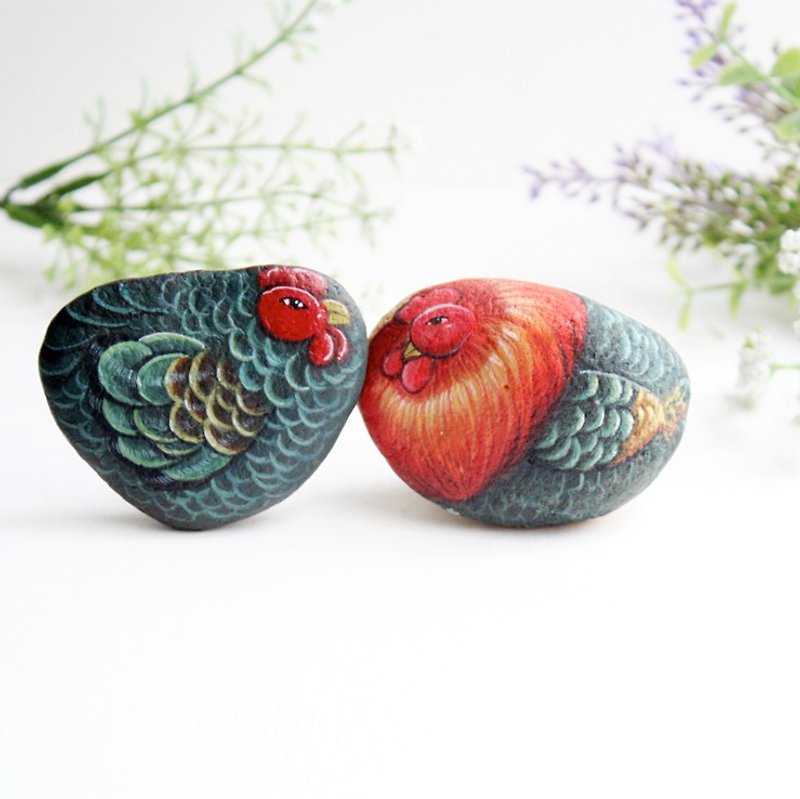 Couple Chicken (stone painting) - Other - Waterproof Material Multicolor