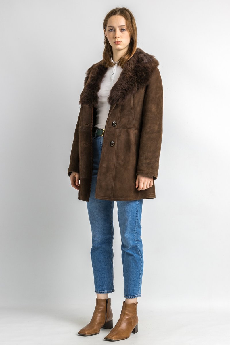 Women Sheepskin Coat 70s, Size M, Brown Suede Vintage Coat, Casual Slouchy 5922 - 女大衣/外套 - 真皮 咖啡色