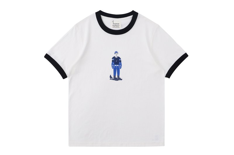 Incense Harbour複古撞色領手工絲印捕魚男孩 無縫白T-shirt T恤 - 帽T/大學T - 棉．麻 白色