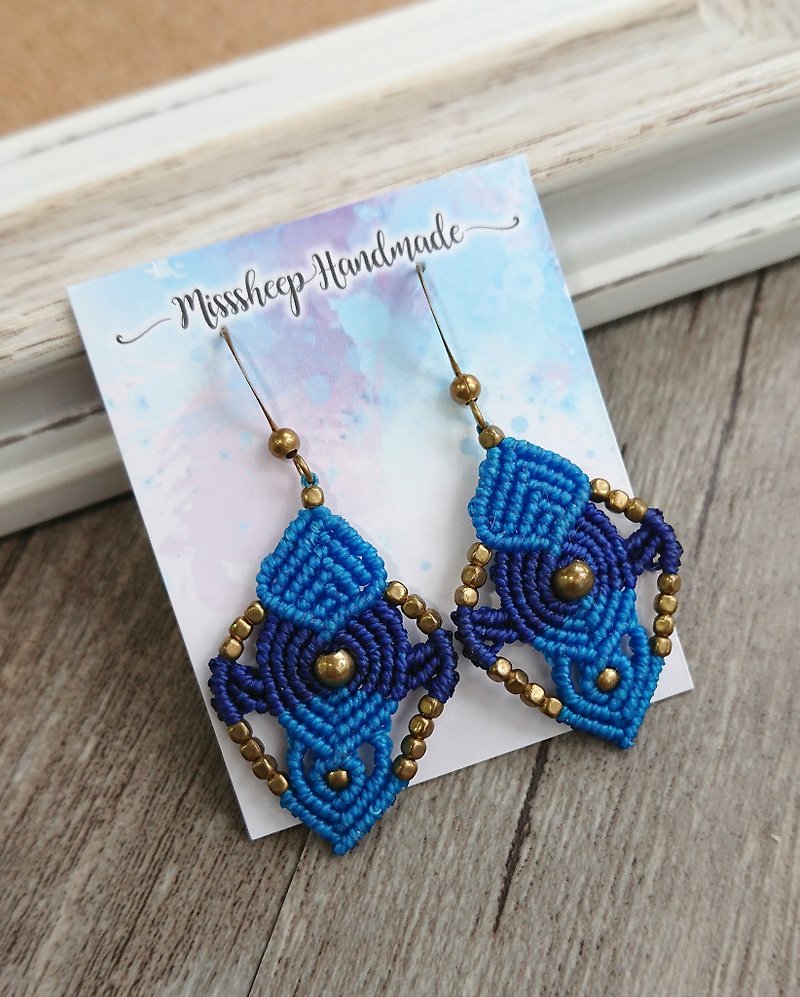 Misssheep - A39 - macrame earring with brass beads - Earrings & Clip-ons - Other Materials Blue