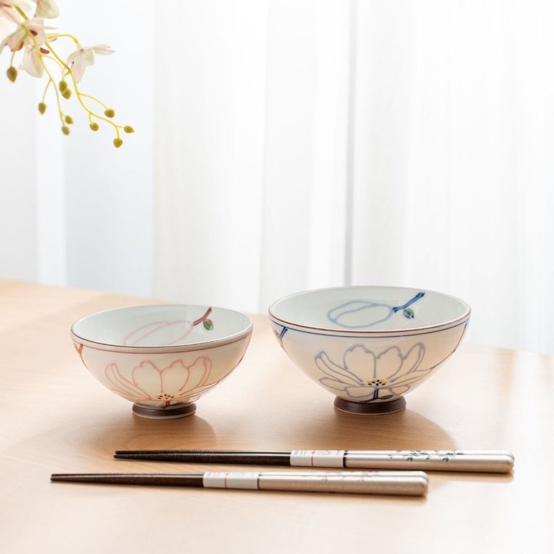 Hand-painted Floral Couple Rice Bowls - Bowls - Porcelain White