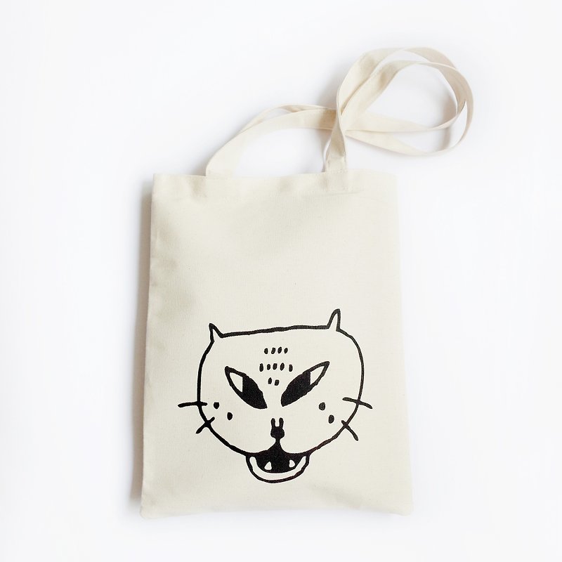 Big cat side bag/ Eco bag/ Alien cat/ Thick style/ Beige+Black - กระเป๋าแมสเซนเจอร์ - ผ้าฝ้าย/ผ้าลินิน สีดำ