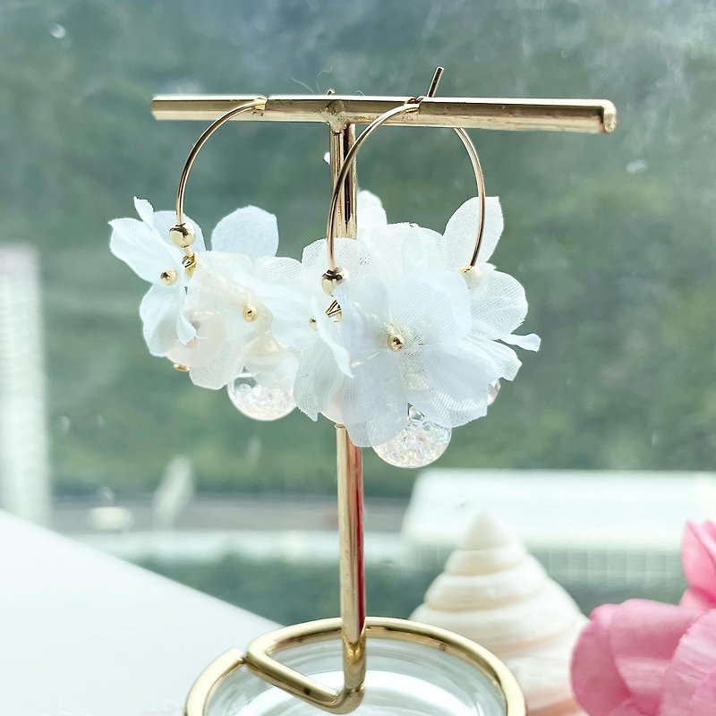 Rosy Garden Ring style Hydrangea with water inside glass ball earrings - Earrings & Clip-ons - Glass White