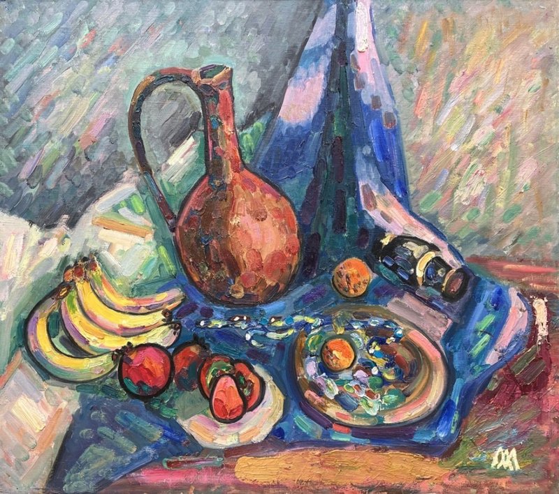 Still Life Original Impressionist Oil Painting with Reddish-brown vase and fruit - 壁貼/牆壁裝飾 - 棉．麻 多色