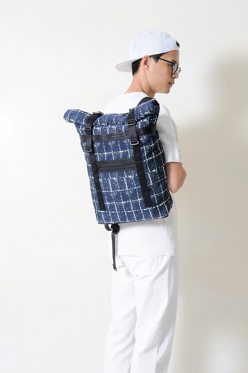 Mother's Day SAPPHIRE-Handmade Checked Cotton Roll Cover Back / Laptop Bag - Backpacks - Cotton & Hemp Blue