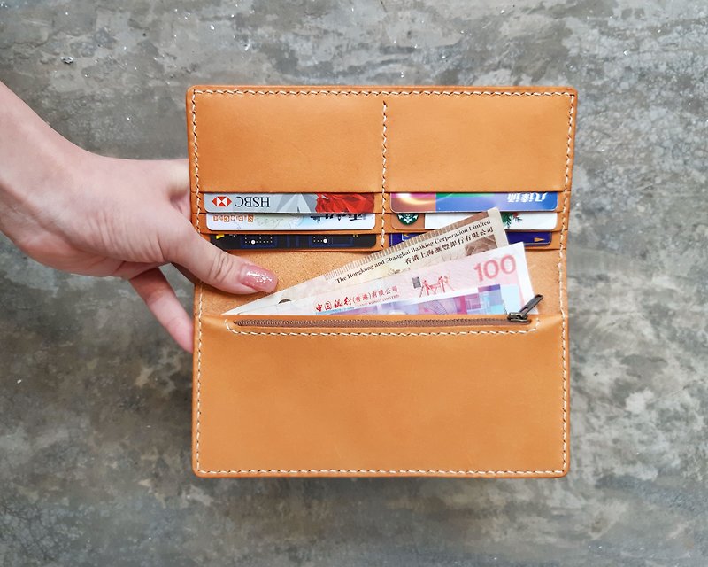 6 card position coin purse long clip well sewn leather material bag free lettering Italian vegetable tanned long wallet - เครื่องหนัง - หนังแท้ สีส้ม